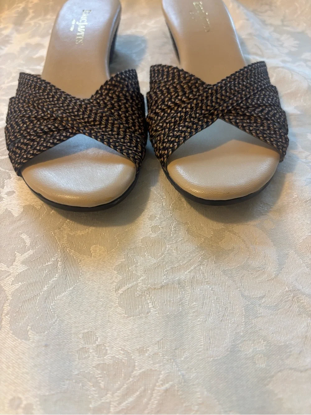 Eric Javits Black and Tan Woven Wedge Sandals, Size 65N